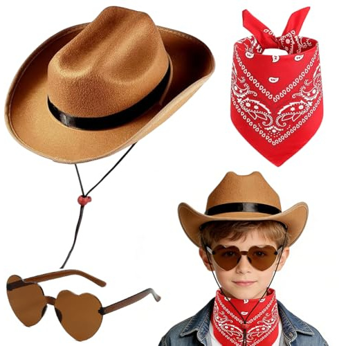 FCXVXCL Set Cappello Da Cowboy Per Bambini Accessori Per Costume Da Cowboy Occidentale Decorazione Marrone Cappelli Cowgirl Sciarpa Occhiali Sole Ideale Per Feste Halloween