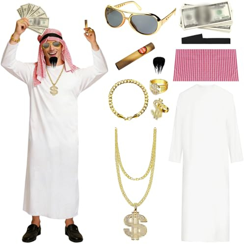 AOMAIGAD Slåkdräkt för män, arabkostym, scarf, vit dräkt, arabiskt shackset, shheikh, arabisk kostym, cosplaykläder, karnevaldräkt, scarf, arabisk kostym