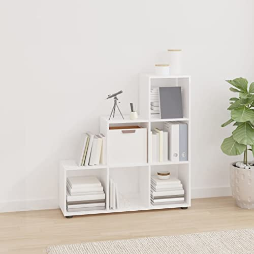 YuuSsea Trapphylla högglans-vit 107 cm, trämaterial, 6 fack, mångsidig, modern design för vardagsrum, sovrum, kontor, stabil bokhylla