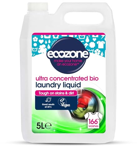 EcoZone Ultra Concentrated Biological Laundry Liquid, Bio Detergent, Washing Machine Powerful Clothing Stain Removal & Cleaning, Natural Vegan, Non Toxic, Eco Friendly, Gentle on Skin, 166 washes (5L)