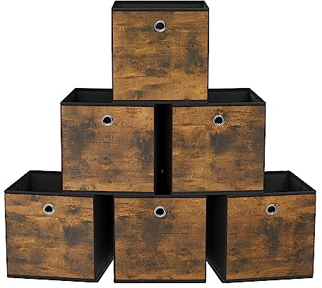SONGMICS Storage Cubes, Set of 6 Storage Bins with Handle, Oxford Fabric and Non-Woven Fabric Storage Boxes, 26 x 26 x 28 cm, Fit Cube Storage Unit, Foldable, Rustic Brown and Black RFB126B01