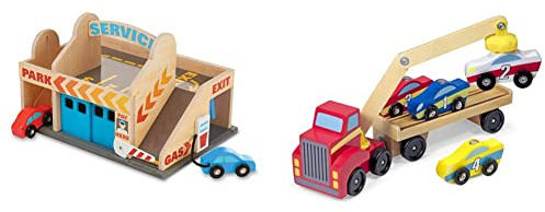 Melissa & Doug Service Station Parking Garage | Wooden Vehicle | Pretend Play | 3+ | Gift for Boy or Girl & Wooden Car Transporter Toy Truck