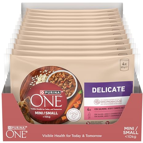 PURINA ONE Delicate Small&Mini < 10kg Cibo Umido per Cani Adulti in Salsa con Salmone, Riso e Carote 48 bustine da 85g