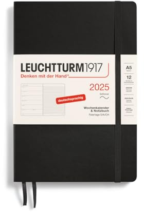 LEUCHTTURM1917 370505 Wochenkalender & Notizbuch Medium (A5) 2025, Softcover, Schwarz, Deutsch