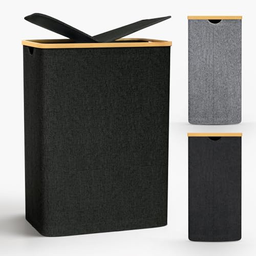 Capocica Schmaler Wäschekorb mit Deckel 140L,Bambusdeckel & herausnehmbarer Wäschesack,hoher Wäschesammler in Schwarz,platzsparende Wäschetruhe für Waschküche,Schlafzimmer & kleines Bad–Geruchshemmend