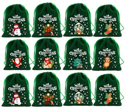AstarFavor 24 piezas Bolsa de Navidad con Cordón, Bolsa de Yute Navidad Calendario de Adviento Bolsas para Dulces (verde)