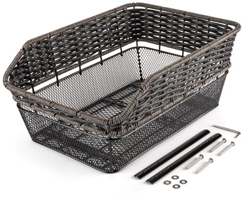 PINNAMAX Stor bakcykelkorg, 25 liters vävd cykelkorg med bärförmåga upp till 20 kg – Metallställ – väderbeständig & rostfri – för elcykel och elcykel på bagagebärare (ingår)(GRÅ)