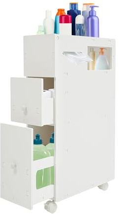Armadio da bagno sottile larghezza 19,5 cm con 2 cassetti, 1 scomparti aperti e scatola per fazzoletti multiuso per cucina, bagno, 44 x 19,5 x 74 cm