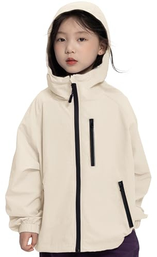 Rolanko Giacca Impermeabile con Cappuccio per Ragazze, Impermeabile Leggera Giacca a vento Giacche da Pioggia Outwear per Bambini Ragazzi 7-14 Anni, Beige, Taglia: 160/11-12 Anni