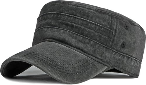 Lynmquober Men's Washed Cotton Army Cap Vintage Military Flat Top Outdoor Baseball Hats Black