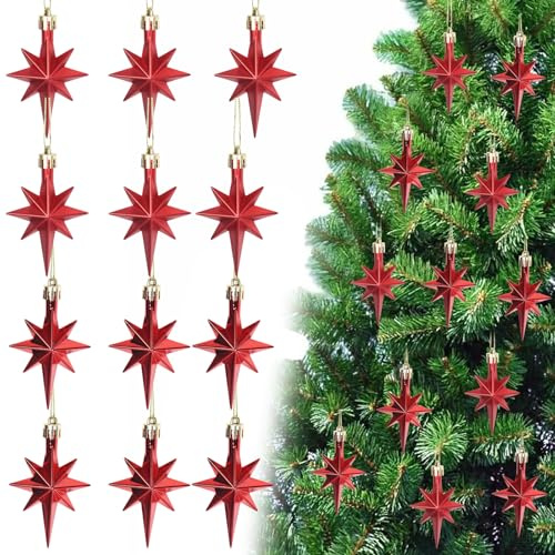 12 Stück Weihnachtsbaumschmuck, Weihnachtsanhänger Klein, Sterne Baumschmuck Weihnachten Deko, Sterne Anhänger Weihnachten, Christbaumanhänger, Weihnachtsdeko Baumschmuck, Weihnachtsschmuck (Rot)