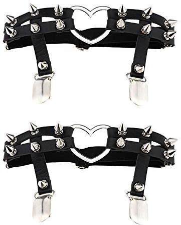 Jurxy 2PCS Gothic Studded Heart Garters Leg Ring Leg Elastic Punk Harness Garter Belt Adjustable Suspender with 2 Metal Clips – Black