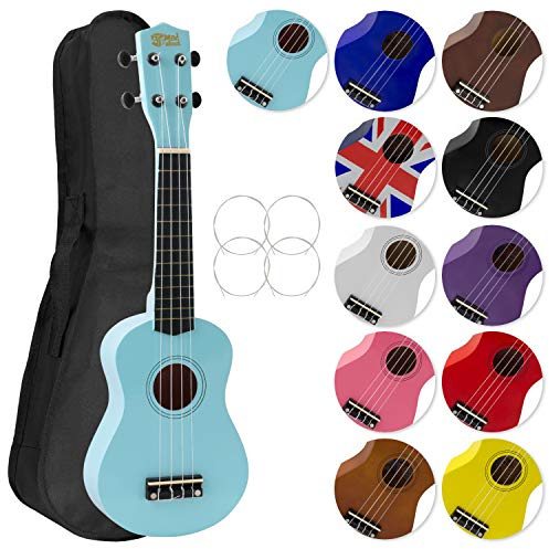 Ukulélé Soprano avec sac de transport, pic et cordes de rechange - idéal pour les écoles et les débutants, maintenant avec des cordes en fluorocarbone - Bleu clair - Mad About SU8-LBL