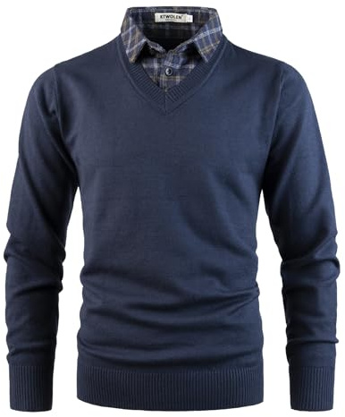 KTWOLEN Pull Homme avec Faux col de Chemise Automne Hiver Pull col Chemise à Manches Longues Pull en Tricot avec col en V, Bleu Marin, M