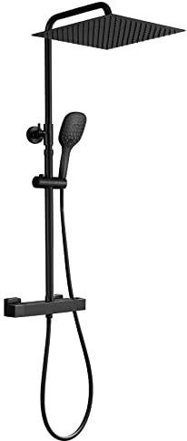 JOHO Regendusche Duschsystem Thermostat Duschset mit Thermostatarmatur matt schwarz (XXL Kopfbrause 30x30cm)