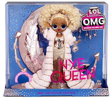 L.O.L. Surprise! 576518EUC LOL Surprise Holiday OMG 2021 Collector Doll-NYE Queen-with Gold Fashions, Accessories, & Light-Up Stand-New Year's Celebration Look-Collectable-Gift for Boys & Girls Age 4+