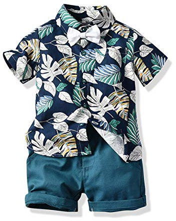 Oyolan Baby pojke sommar kläder set blommig T-shirt kortärmad skjorta med knappar och shorts kostym 1–8 år typ A Turquosia 5–6 år, Typ A Turquosia, 5-6 ans