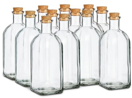 TIENDA EURASIA - Botella de Cristal Frasca - Pack 12 Frascos de Vidrio con Tapon de Corcho - Transparente - Disponible en Varias Medidas (500 ml / 12 uds)