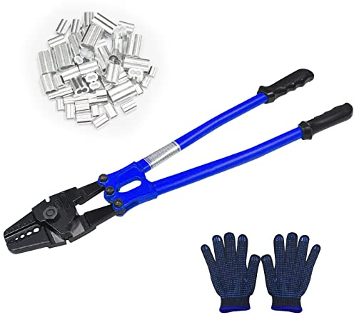 TOUGHER 24 Inch Hand Crimping Cutting Tool, Wire Rope Crimping Tool, Hand Swager Crimper Cutter for 1/16 3/32 1/8 5/32 3/16 Wires, Hand Swager Tool with 50pc Aluminum Stop Sleeves Oval Sleeves