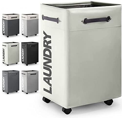 Rieeyrslza Faltbare Wäschekörbe mit Rad 74L Großen Faltbarer Wäschekorb Rechteckiger wasserdichter Wäschebehälter Faltbare Wäschekörbe mit Rad Praktischer Wäschesammler (Beige o2)