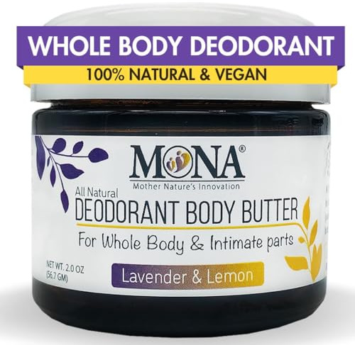 MONA All Natural Deodorant Body Butter for Whole Body & Intimate Parts | Deodorant Cream for Women, Men, and Teens | Sensitive Skin Friendly | Baking Soda & Aluminum Free | Lavender & Lemon 2 oz