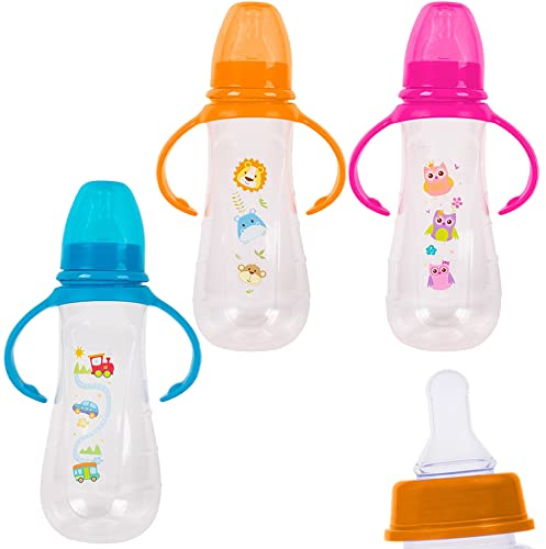 3 Pack Baby Milk and Water Gripper Bottles Easy Grip with Soft Silicone Medium Flow Teats 250ml 8.5oz, Fun and Cute Animal Designs (Multi Designs)