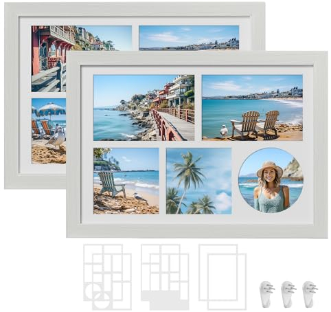 SONGMICS Picture Frames with 6 Mats, Set of 2 Multi Photo Frames, Collage Frame, 4x6 or 4x4 photos, Non-Trace Nails, 36.5 x 26 cm, Rustic White RPF024W02