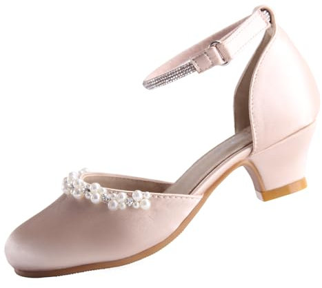 EIGHT KM Girls High Heel Dress Shoes Wedding Party Pumps Princess Shoes EKM7033 Smooth Shiny Silk Pearl Gold UK Toddler Size 9