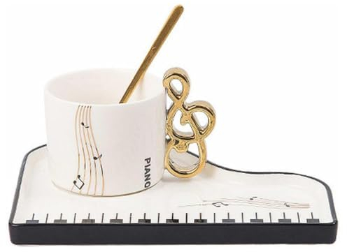 eKsdf Tazas de café con diseño de notas musicales de cerámica con plato y cuchara, taza de café de piano creativo, tazas de capuchino, 200 ml, taza de porcelana, juego de regalo (blanco)