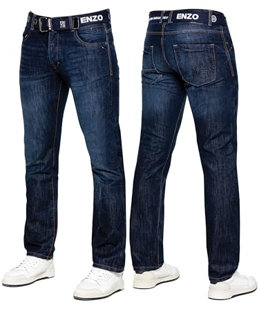 989Zé ENZO Mens Jeans Classic Straight Leg Casual Cotton Regular Fit Denim Pants Free Belt