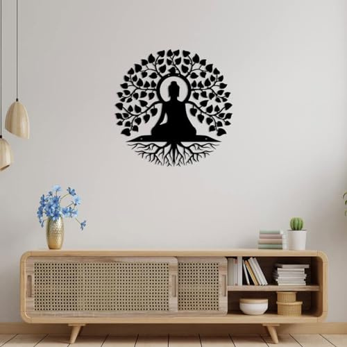 LIKEUDO 30cm Tree of Life with Buddha Wall Hanging - Metal Art Decoration for Living Room - Bodhi Tree and Buddha Wall Plaque