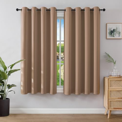 Joydeco Blackout Curtains for Bedroom 52 x 54 Inch, Eyelet Thermal Insulated Energy-saving Drapes for Room Darkening Light Filtering, Short Window Treatments 54 Inch Drop, 2 Panels - Mocha
