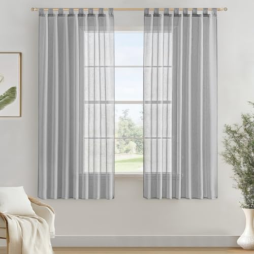 MIULEE 2 Piezas Visillos Cortinas Translucida Efecto Lino con Trabillas para Salón Ventana Habitación Dormitorio 140x160cm，Gris Claro