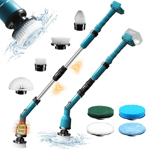 MaxAwe sladdlös roterande skrubber, kompatibel med Makita 18 V batteri, 360° trådlös 63–120 cm stretchig rengöringsborste med 8 utbytbara borrborsthuvuden, för badrum, badkar, kakel, bil och trädgård