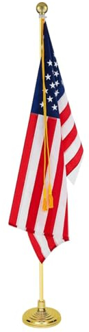 Indoor Flag Pole Kit,Telescoping 6FT-8FT FlagPole with Base,Rotate 360 Degrees,3x5 FT US Flag, Golden Ball Topper, Gold Braided Cord Tassel,Suitable for Office,School, City Hall(Glod-1Pack)