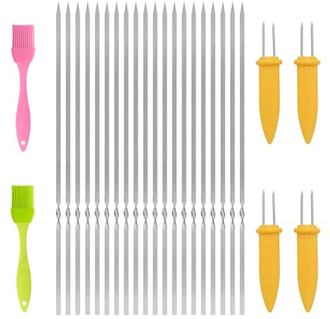 DHWEKU Brochettes pour Barbecue,20 Pièces 30 cm Brochettes à Viande en Acier Inoxydable,BBQ Brochettes avec 2 pinceaux à Huile,Brochettes en métal Plat,Brochette Réutilisables pour Barbecue,Viande