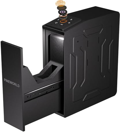 PINEWORLD Biometric Slider Handgun Safe with Auto Sliding Door&Interior Light, 3 Quick Access Fingerprint Pistol Safes with Mute Mode,Vertical Design with Mounting Bracket for Nightstand, Desk, Truck