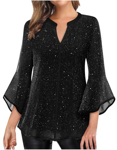 Blusa para mujer elegante manga 3/4 camisa mangas con volantes brillos parte superior malla patchwork fiesta túnica lisa cuello en V jersey festivo doble capa camisa larga ligera transpirable camiseta