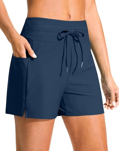G Gradual Women's 4 High Waisted Swim Board Shorts with Pockets Quick Dry Swimming Swimsuit Bathing Suit Bottoms for Women(Dark Blue,XL)