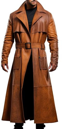 WECNOM Men’s Sheepskin Real Leather Full Length Peanut Brown Coat - Long Duster Overcoat - Trench Coat for Men - XXL