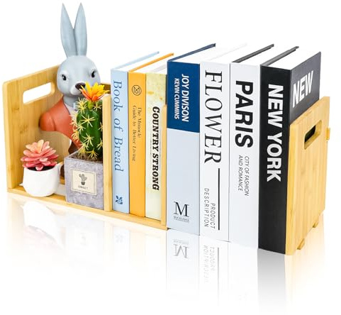 SHILIPAIJC Expandable Desktop Bookshelf, Small Countertop Bookcase | Bamboo Book Organizer Shelf with Carry Handles, Freestanding Display Shelf Book Rack for Office School Home Tabletop