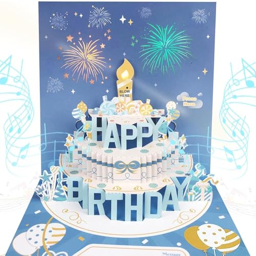 HZYKDWD Cartes d'anniversaire musicales avec lumière et musique, cartes contextuelles d'anniversaire 3D pour hommes et femmes - joue la chanson à succès 'Happy Birthday' (bleu)