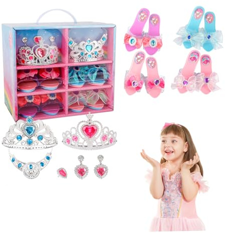 Trrymbbe Princess Dress Up Scarpe 6 Grids Toddler Girl Toys con 4 Paia di Scarpe da Gioco e Giocattoli per Gioielli, Glamour Elegant Elegant 3 Anni Regali per Bambini Piccoli
