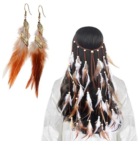 CQXSYTBN Fascia per capelli indiana con piume, stile bohémien, accessori indiana donna set 3 pezzi con copricapo piume regolabile e orecchini etnici per travestimenti boho festival feste a tema