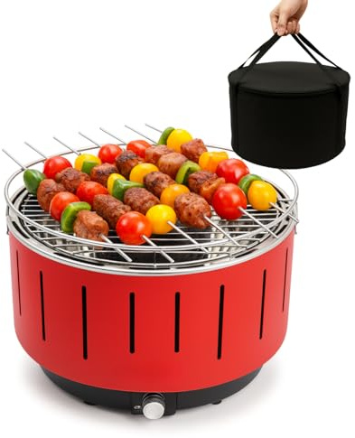 Paluplus Barbecue Rotondo Portatile a Carbonella colore Rosso, Diametro 31 cm, Grill in Acciaio Inox, Ventola Elettrica a Batteria per Cottura Senza Fumo - Inclusa Borsa per il trasporto -9563F -4,6