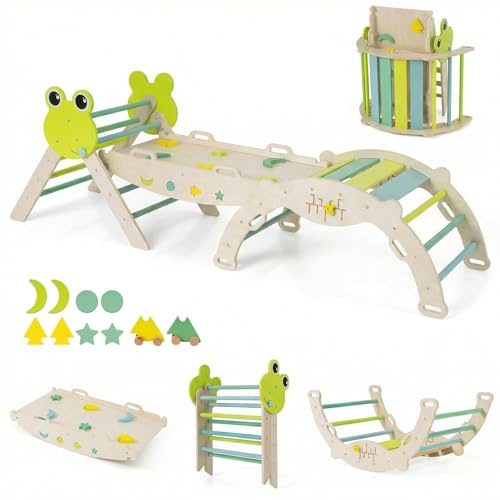 DREAMADE 7 en 1 Triangle Arche d'escalade Montessori en Bois Hêtre, Jeux d'escalade Pliable pour Enfants, Parcours Motricité Bébé avec Rampe & Échelle, Charge Max. 50kg (Grenouille,Vert)