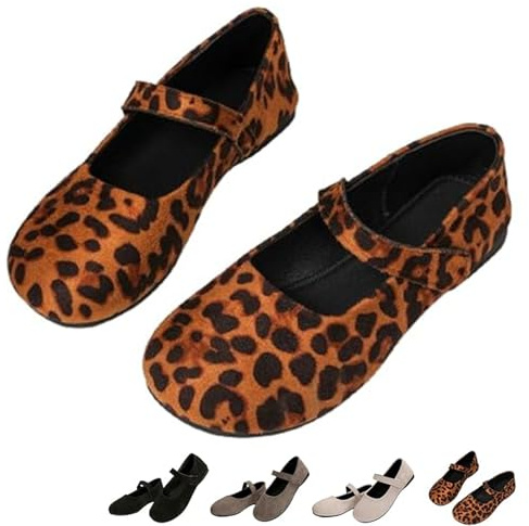 Ballerine ortopediche in camoscio Mary Jane da donna, comode ballerine con punta arrotondata, vestibilità larga, casual, senza lacci, con cinturino, Stampa leopardata, 39.5 EU