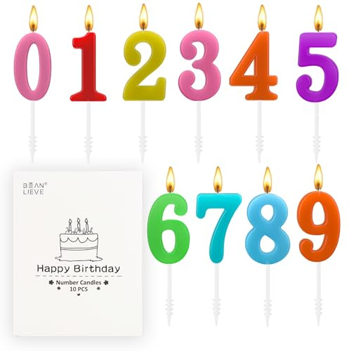 BEAN LIEVE Lot de 10 bougies d'anniversaire à chiffres - Bougies à chiffres de 0 à 9 à paillettes pour décoration de gâteau, anniversaire de mariage et fête (colorées)