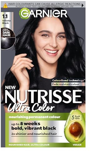 Garnier Nutrisse Ultra Color Haarfarbe, vegan, 1.10 Unendliches Schwarz Sorgt für 100% Grauabdeckung und tiefen, endlosen Glanz mit 8-Wochen-Farbgebung. Ohne Ammoniak, vegane Formel für ein intensives