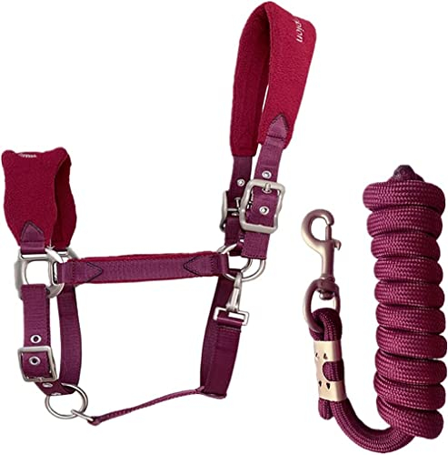 Unistrengh Halfter Führstrick Set für Pferde gepolstert Fleece Weidehalfter verstellbar Stallhalfter Strick Pferdehalfter L, Burgunderrot